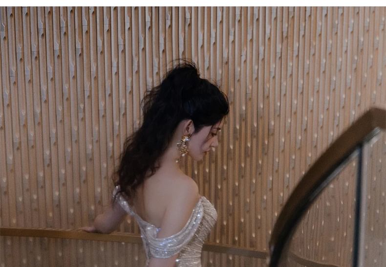 Ruched Slit Evening Sheath Off Plain Sleeveless Gown Shoulder Sequin