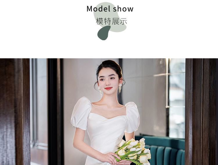 Mermaid Gown Flower Plain Short-Sleeve Wedding