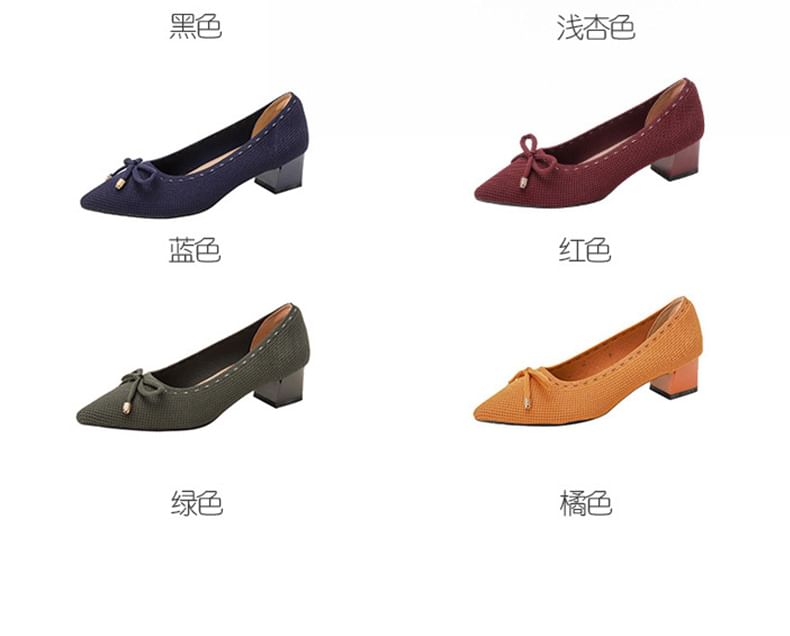 Block Heel Fabric Bow Pointed Pumps