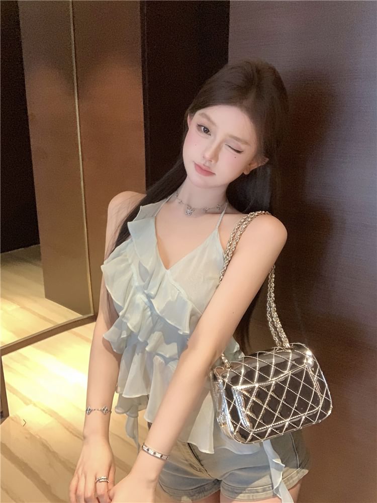 Halter-Neck Asymmetrical Ruffled Tie-Dyed Top