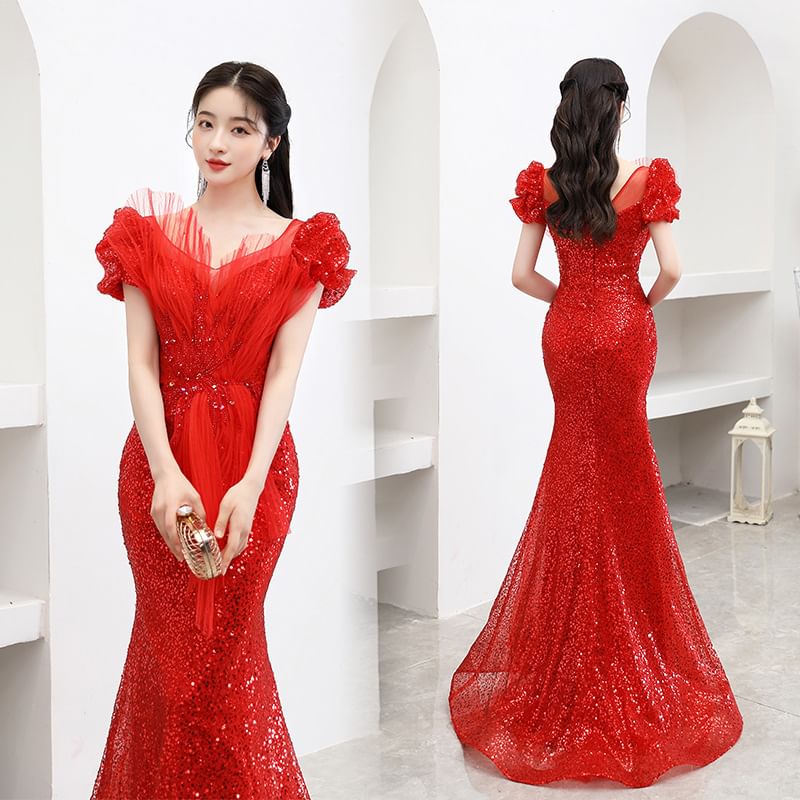 Puff-Sleeve Mesh Sequin Gown Mermaid V-Neck Evening Panel