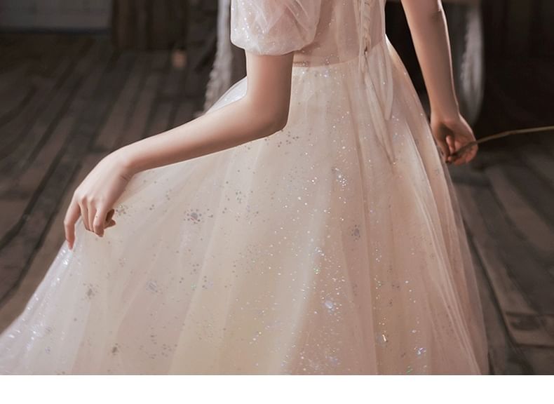 Mesh Short-Sleeve Gown Collared Evening A-Line Sequin