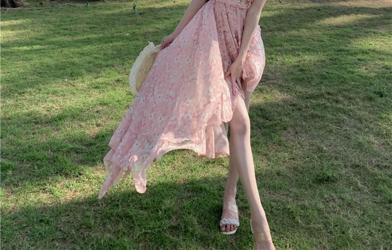 A-Line Back Ruched Floral Print Asymmetrical V-Neck Trim Ruffle Open Halter Dress