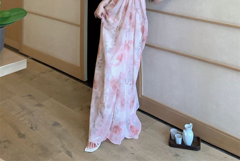 A-Line Ruched Dress V-Neck Strap Floral Print Spaghetti Maxi