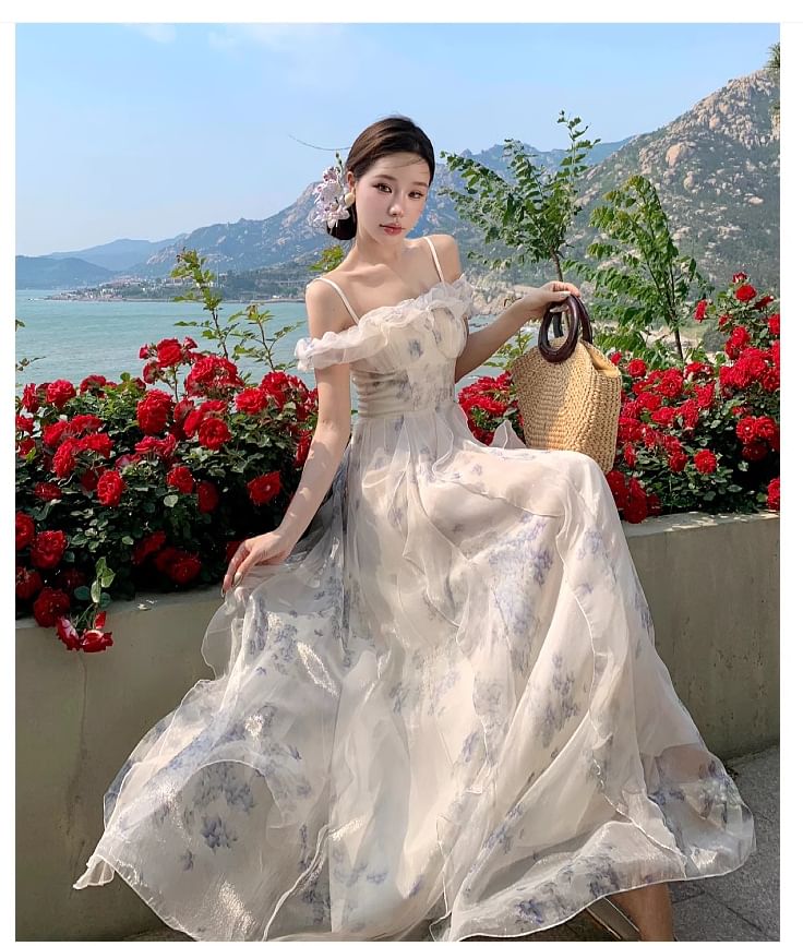 A-Line Shoulder Floral Maxi Ruffle Dress Ruched Trim Square Neck Cold Print