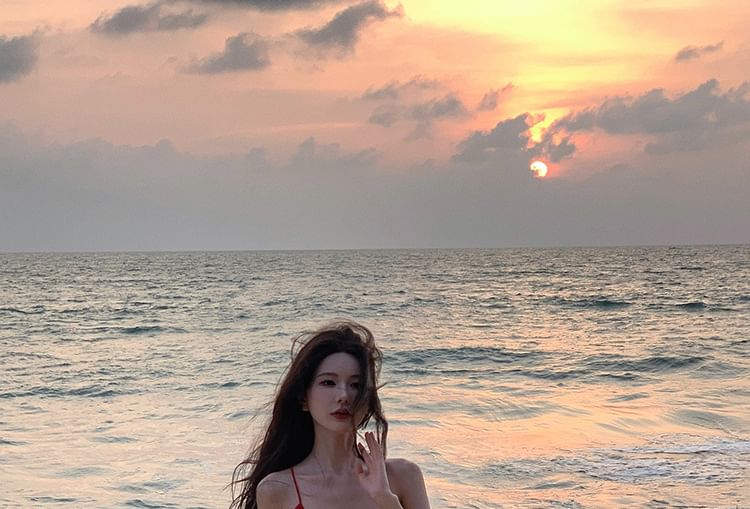 Spaghetti Open Ruffle Back Plunge A-Line Maxi Strap Dress Slit Trim Plain V-Neck