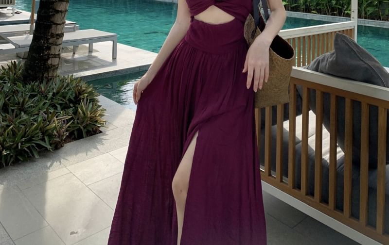 Strap Knot Spaghetti Maxi Dress A-Line Plain Cutout V-Neck Slit