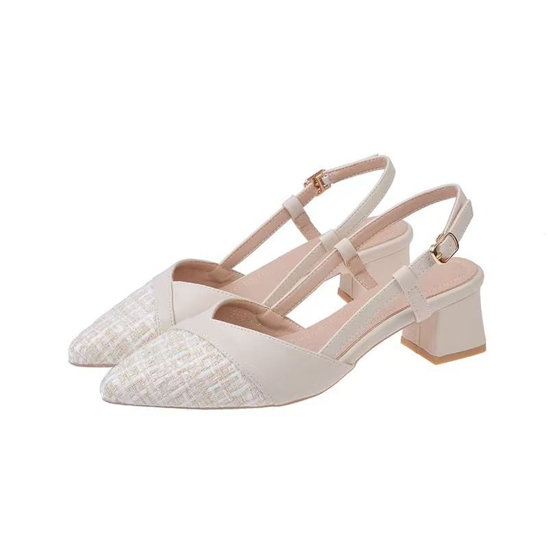 Pumps Block Heel Panel Slingback Tweed Toe Pointed