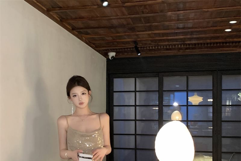 Strap Dress Spaghetti Maxi A-Line Sequin