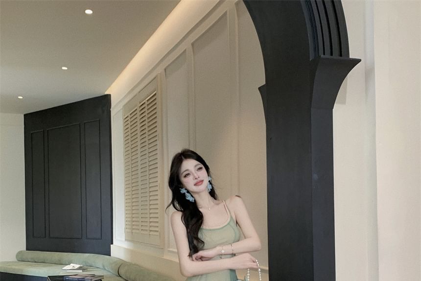 Spaghetti Scoop A-Line Neck Maxi Dress Strap Sheer