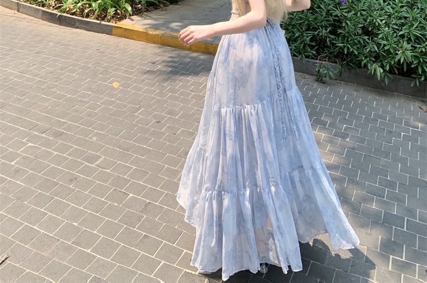 Spaghetti Maxi Cutout Neck Halter A-Line Tie Dress Dye Strap