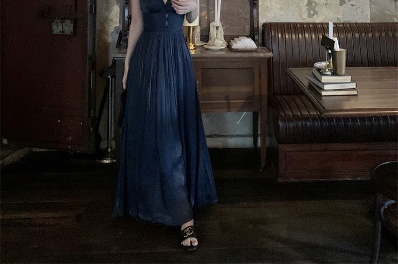 Spaghetti V-Neck Gown Strap Evening Plain A-Line