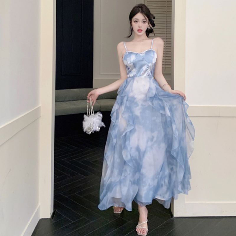 Hem Chiffon Ruffle Dress Spaghetti Strap Maxi Sun Dye Tie