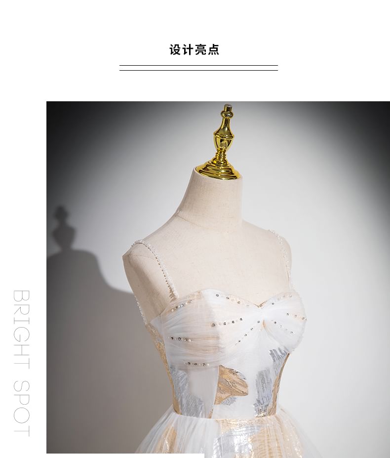 Mesh Evening Patterned Print Spaghetti A-Line Beaded Strap Gown