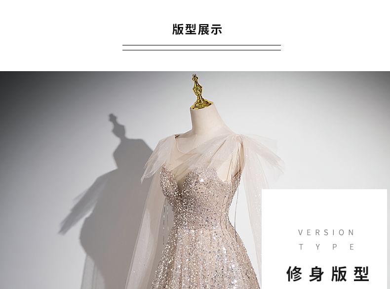 Sleeveless Evening Gown Bow Mesh Round A-Line Sequin Neck