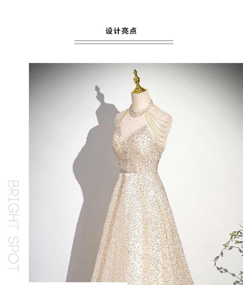 A-Line Glitter Sleeveless Beaded Evening Mesh Gown Neck Mock