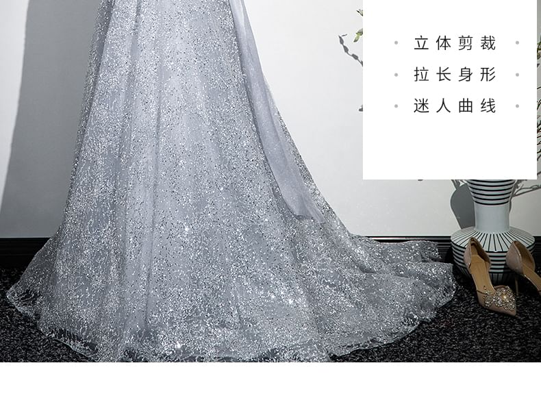 Halter Plain Evening Gown Sequin A-Line Mesh