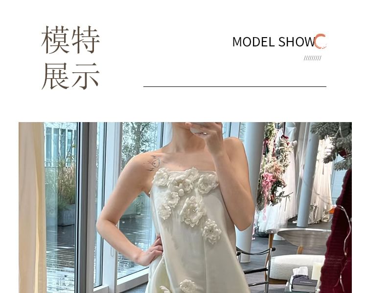 Plain Wedding Gown Accent Back Strapless Bow A-Line Satin Trained Floral