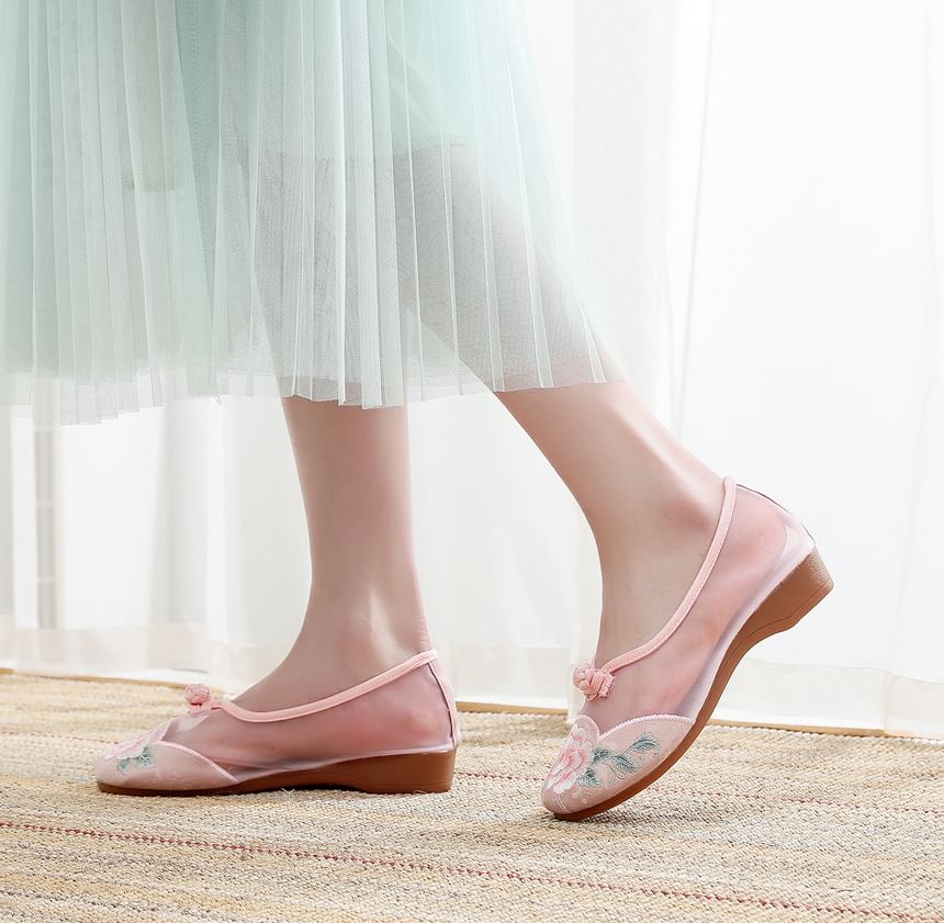 Heel Embroidered Mesh Wedge Slip-Ons