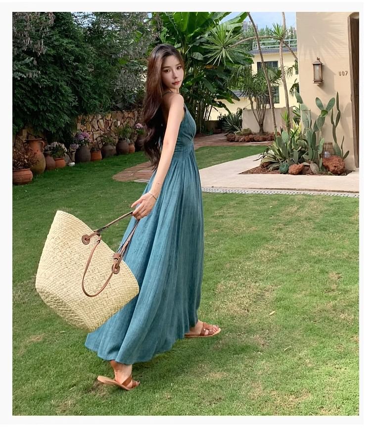 Dress Dye Ruched Back Spaghetti Tie V-Neck Strap Maxi Open A-Line