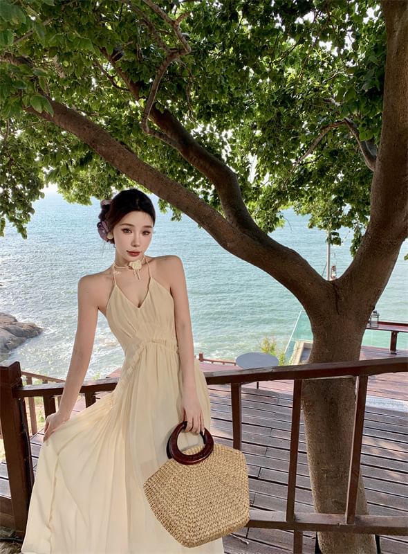 A-Line Frill Back Ruched Plain Dress V-Neck Maxi Open Halter Trim