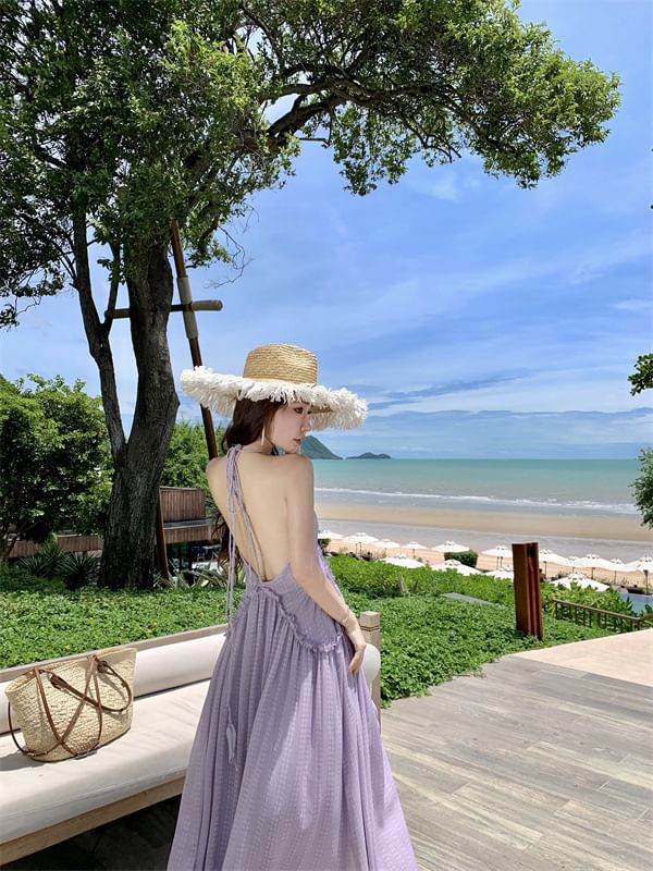 Dress Open V-Neck Halter Trim Back Maxi A-Line Frill Plain