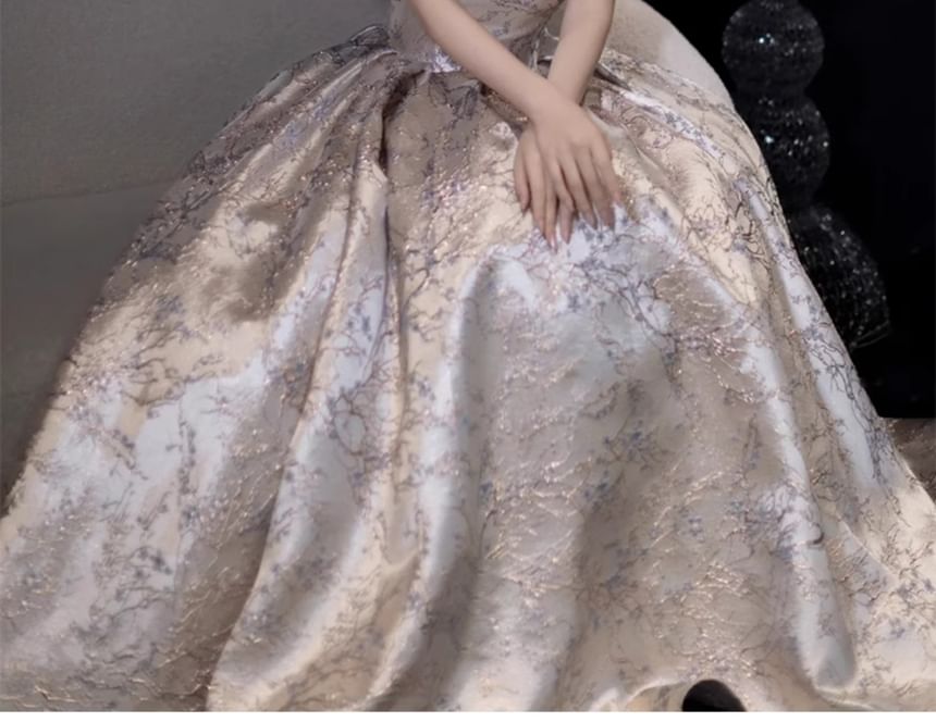 V-Neck Puff Gown Evening Sleeve A-Line Floral