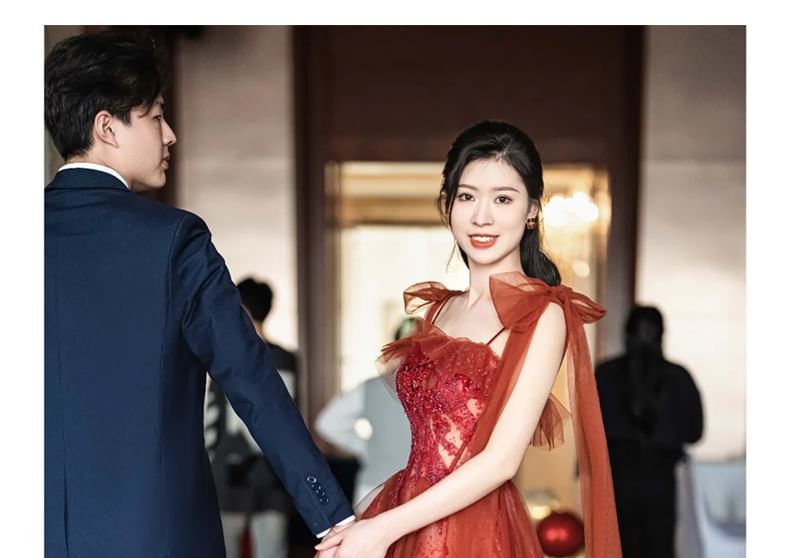 Sequin Spaghetti Embroidered Gown Strap Evening A-Line