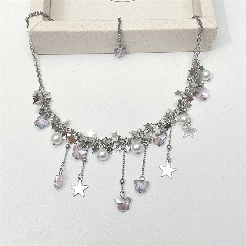 Beaded Necklace Star Pearl Faux