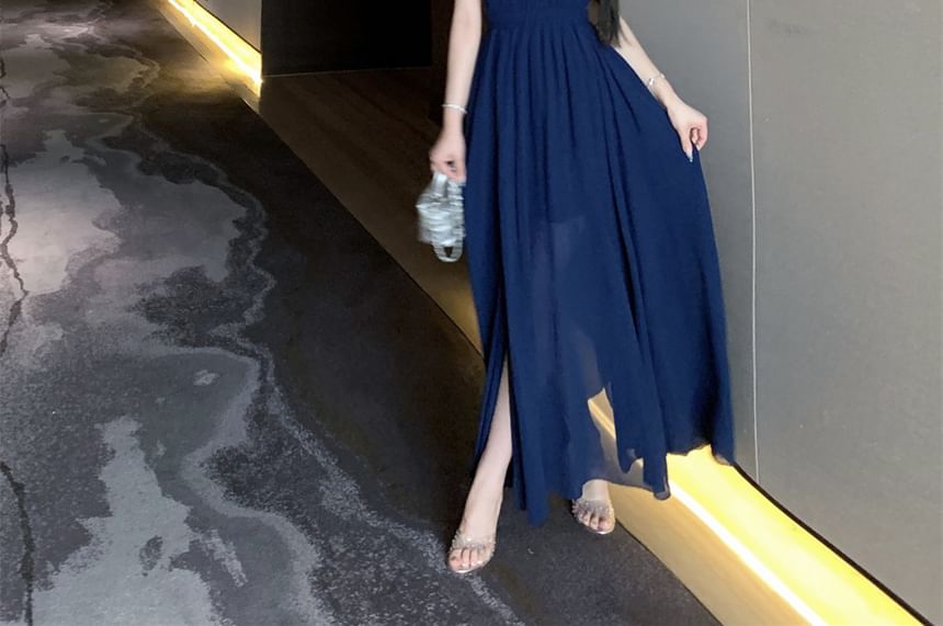 Halter Side-Slit Plain Dress Maxi A-Line