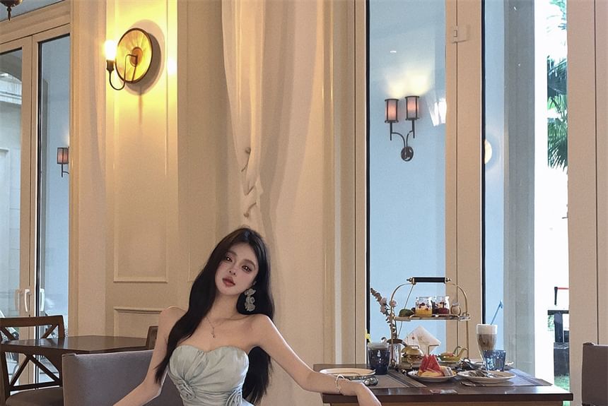 Side-Slit Strapless Dress A-Line Plain Maxi