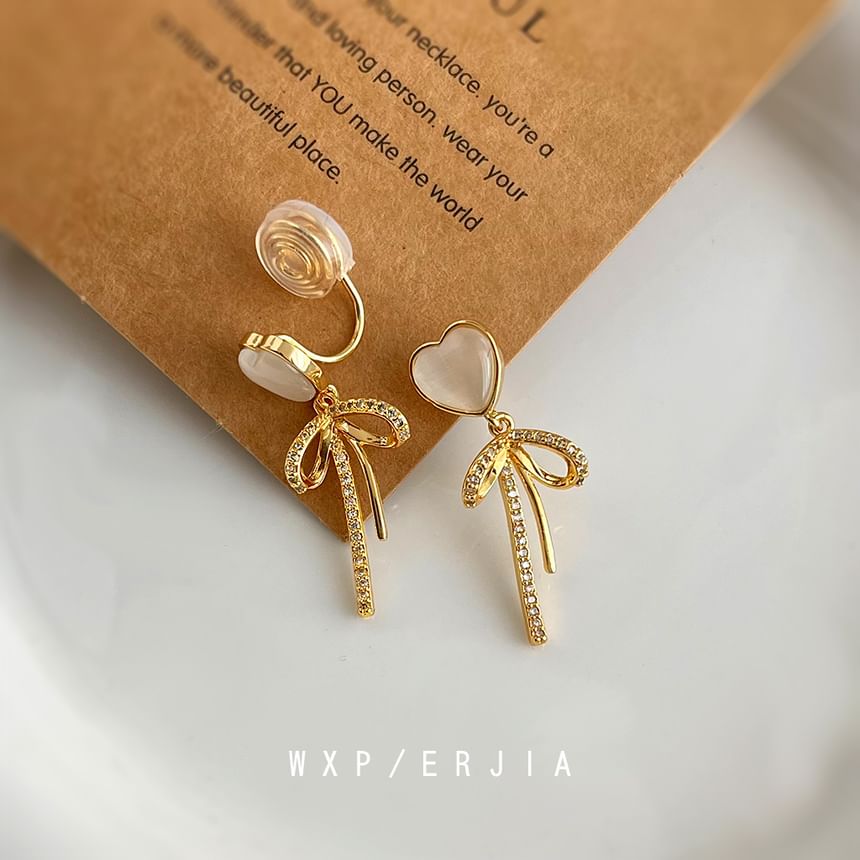Rhinestone Clip Heart Drop On Earring Bow