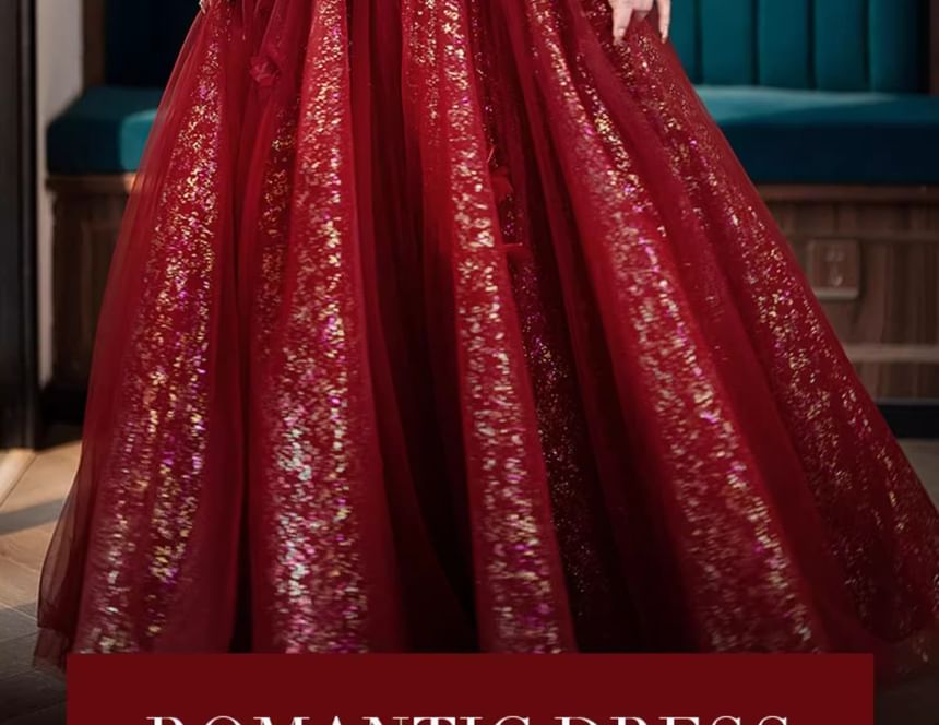 A-Line Accent Evening Flower Gown Sequin Short-Sleeve