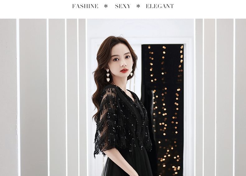 Elbow-Sleeve Evening V-Neck A-Line Gown Fringed Sequin