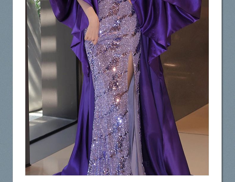 Strapless Sequin Slit Sheath Evening Gown