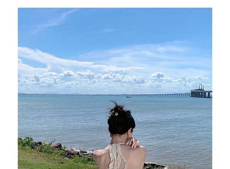 Ruffle Dress Plain A-Line V-Neck Maxi Front-Slit Halter