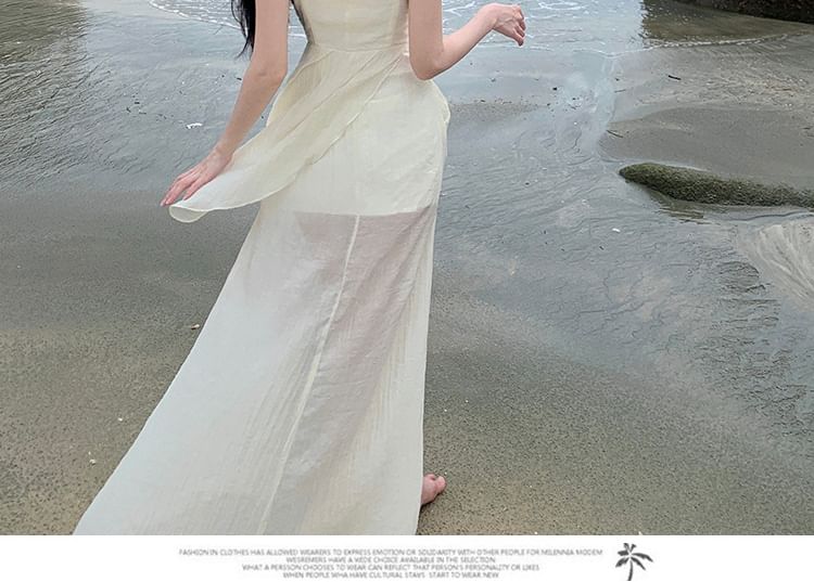 Plain Panel Ruched Maxi A-Line Strap Lace Spaghetti Slit V-Neck