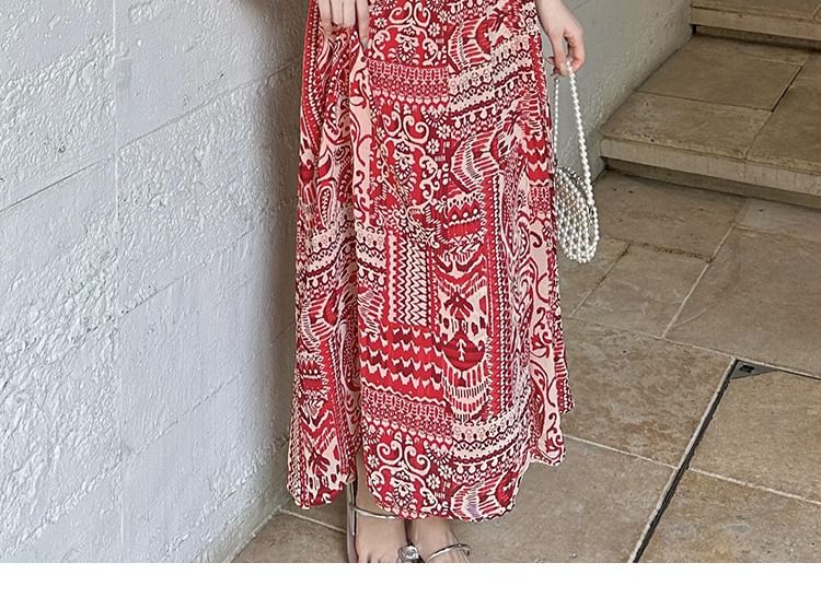 Long-Sleeve Slit Patterned Dress V-Neck Maxi Print A-Line