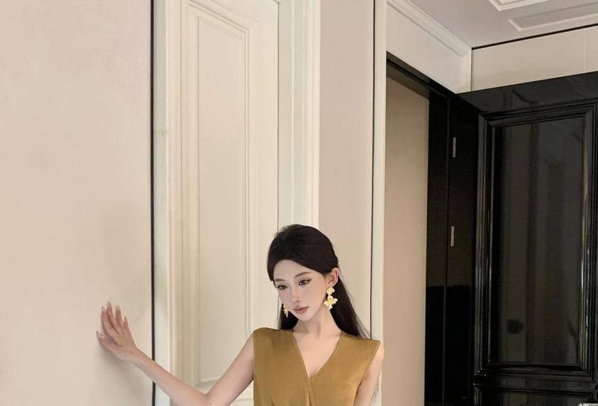 Plain V-Neck Slit Maxi Sleeveless Dress Wrap Sheath Ruched