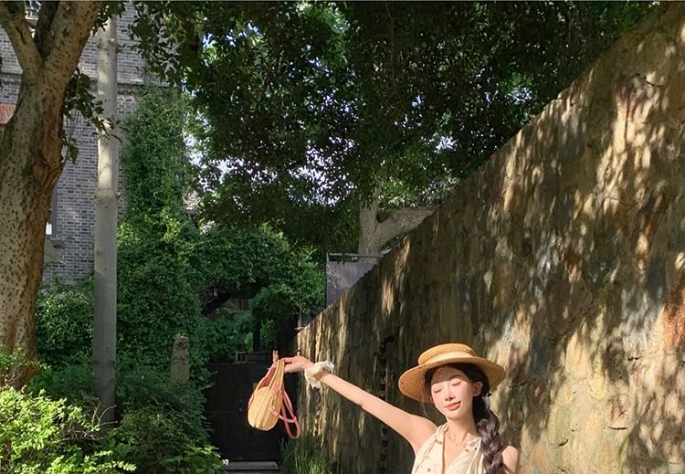 A-Line Dotted Dress Halter Mini V-Neck