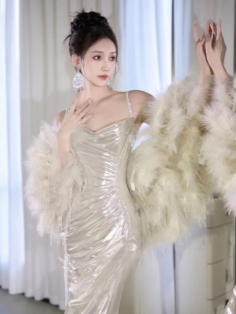 Cowl Gown Strap Spaghetti Plain Evening A-Line Neck