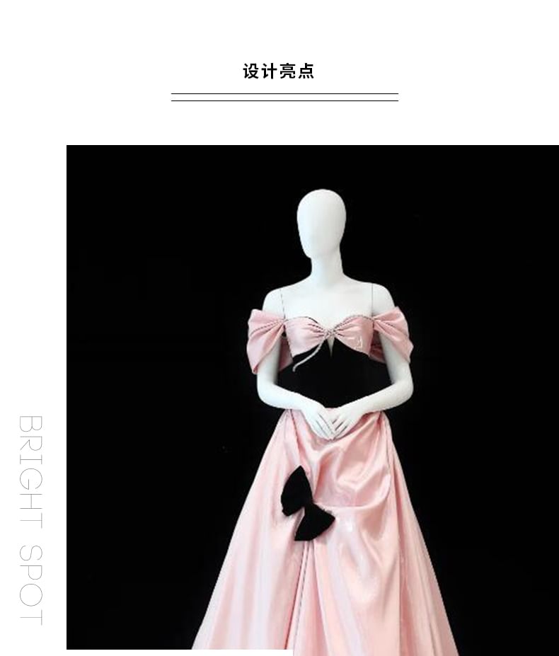 Shirred Evening Bow Gown Satin Cold-Shoulder