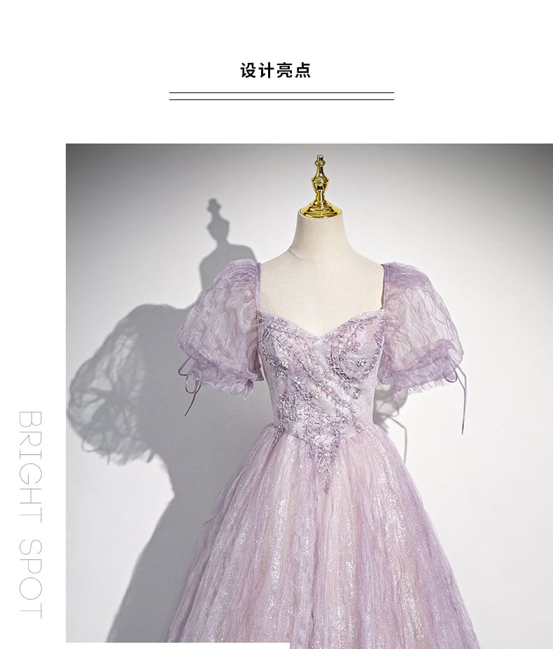 A-Line Print Floral Sweetheart-Neckline Evening Puff-Sleeve Gown