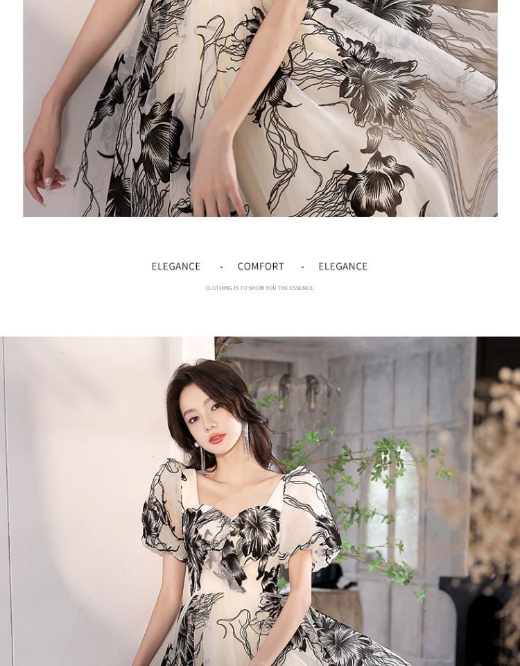 Gown Floral Short-Sleeve V-Neck Evening A-Line