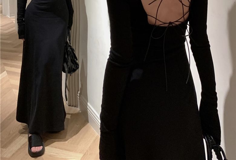 Open A-Line Long-Sleeve Dress Round Maxi Plain Back Neck