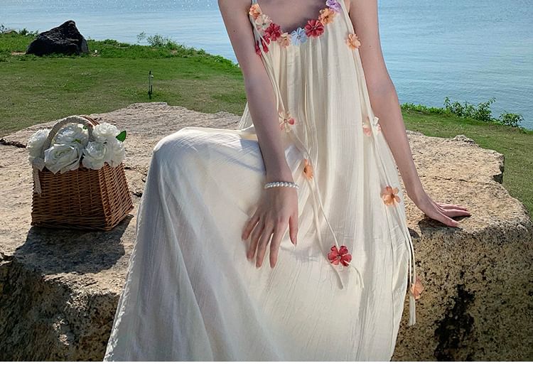 Flower Dress Strap A-Line Midi Spaghetti Accent