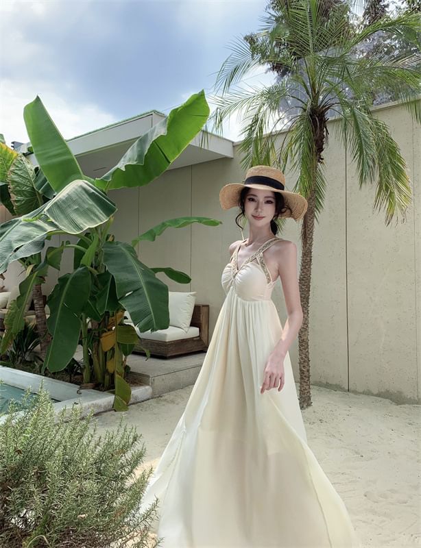 V-Neck A-Line Cutout Maxi Slit Sleeveless Dress