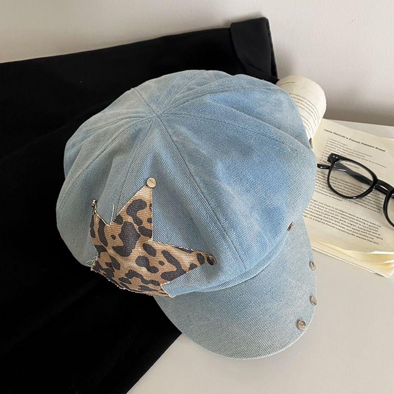 Denim Studded Cap Star Newsboy Applique