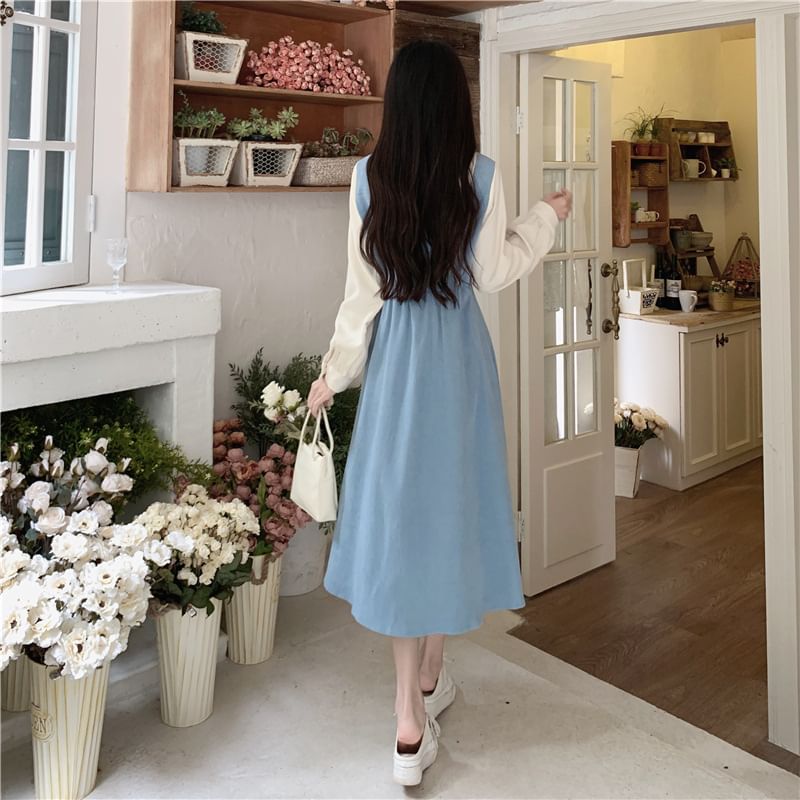 Two Dress A-Line Two-Piece Mock Midi Tone Long-Sleeve