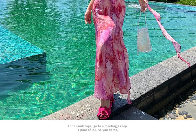 Accent Midi Tie A-Line Trim Dye Strap Spaghetti Ruffle Sundress Flower